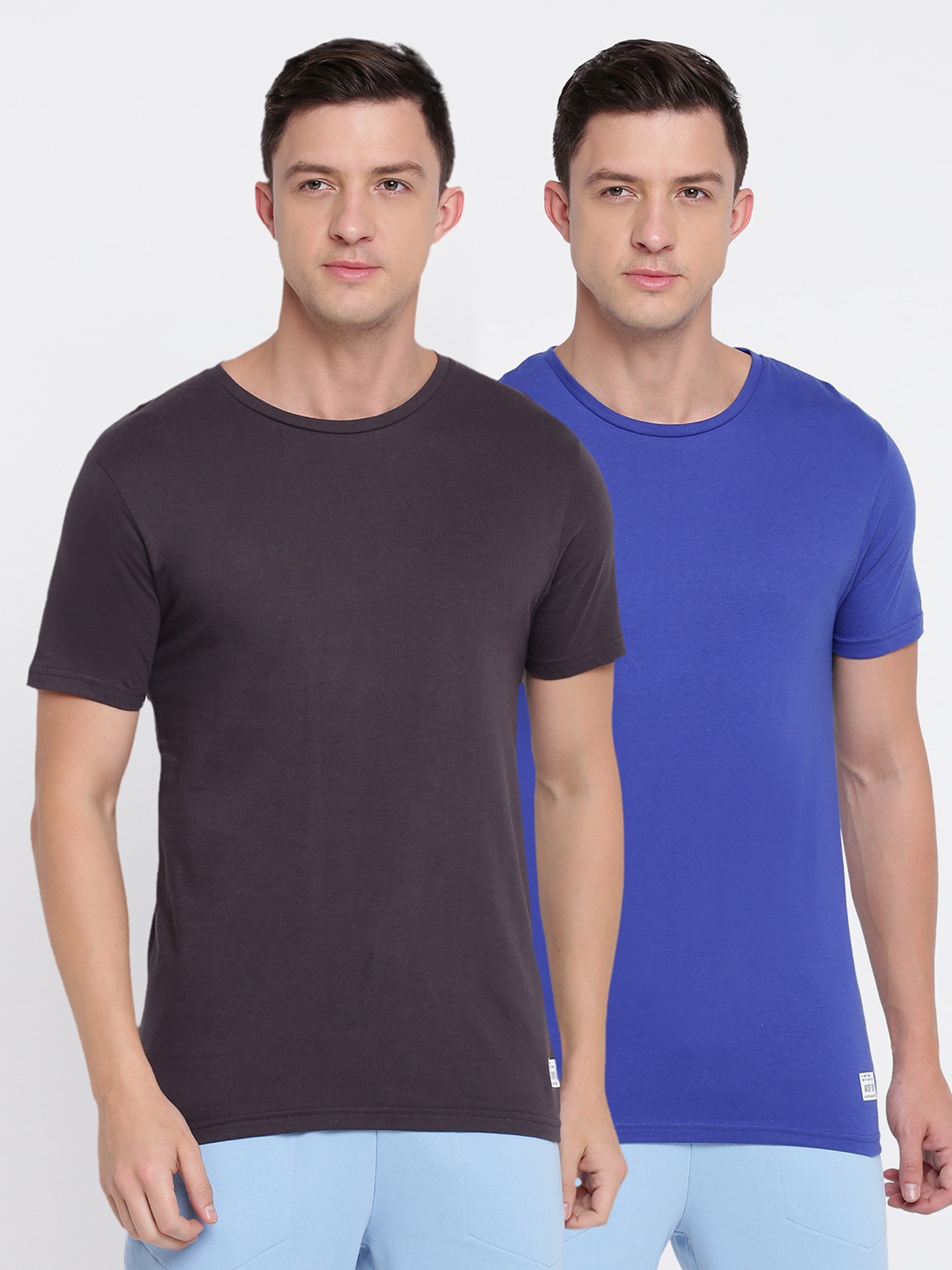 

Abof Men Pack Of 2 Blue & Charcoal Cotton T-shirt