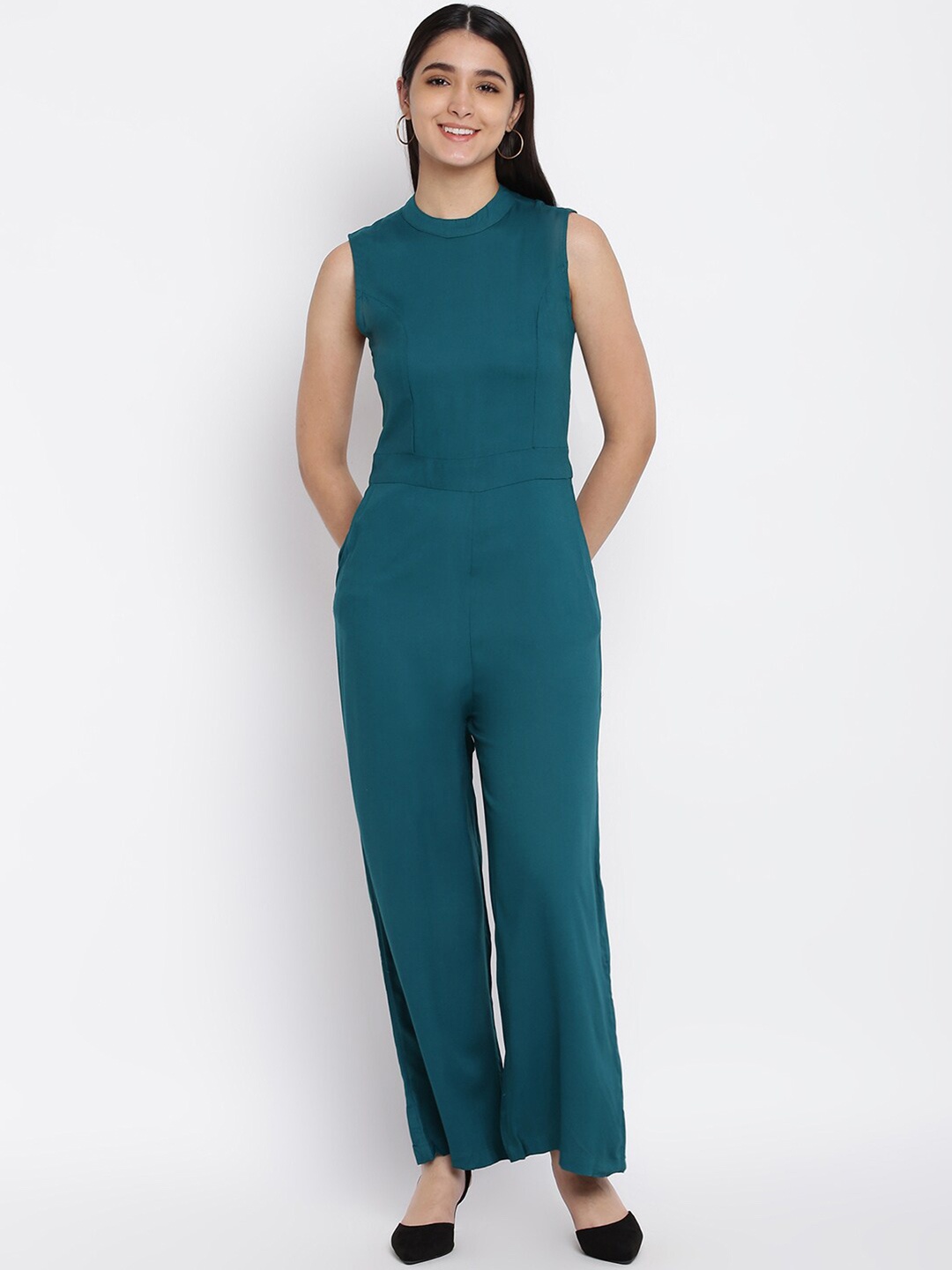 

abof Solid Round Neck Basic Jumpsuit, Teal