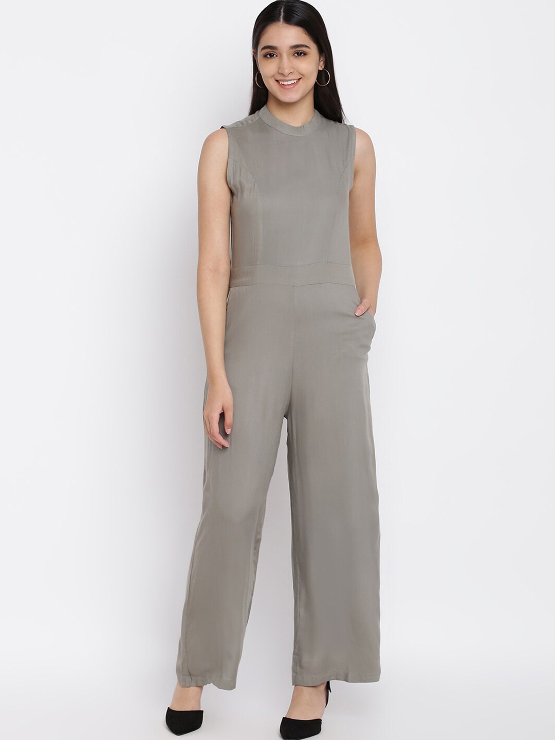 

abof Solid Round Neck Basic Jumpsuit, Grey