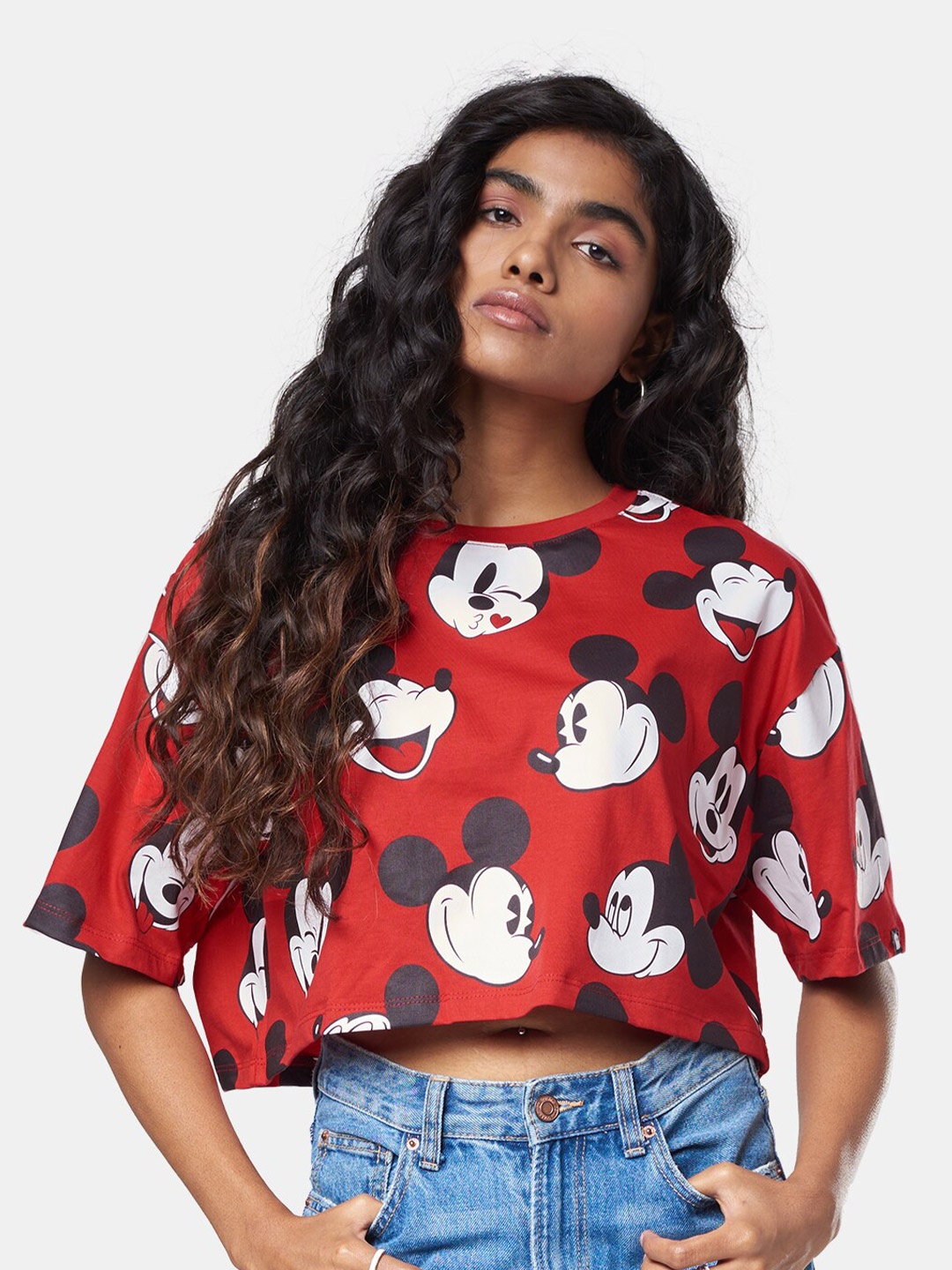 

The Souled Store Women Red Mickey Mouse Mickey Expressions Print Oversized Crop Top