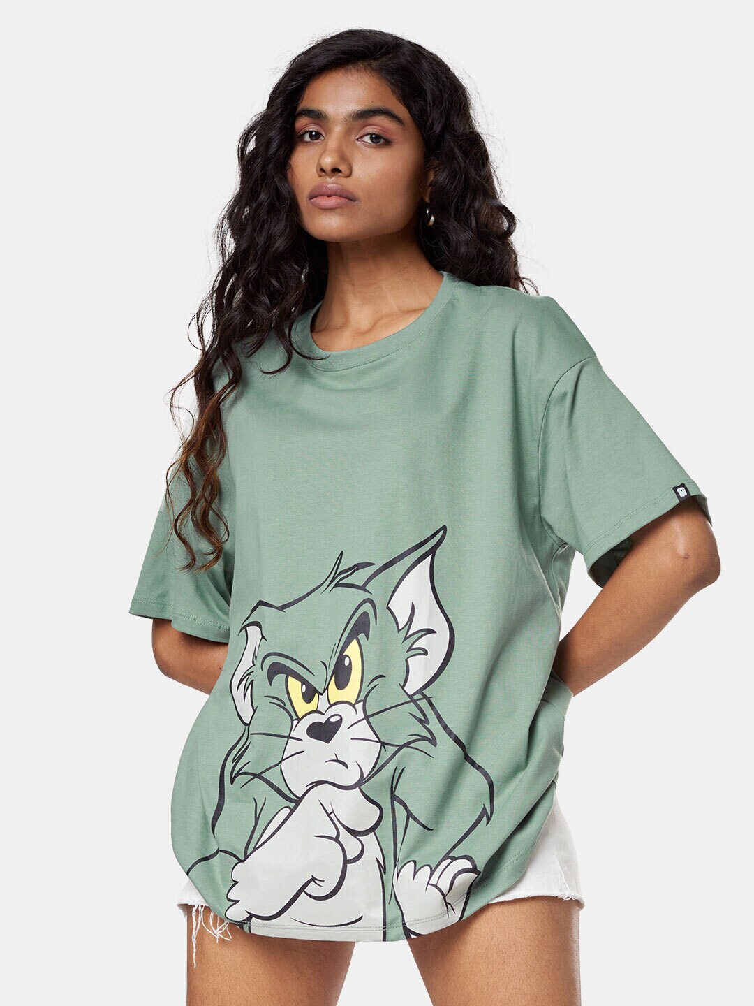 

The Souled Store Women Sage Green Tom & Jerry Go Green Print Oversized T-Shirt