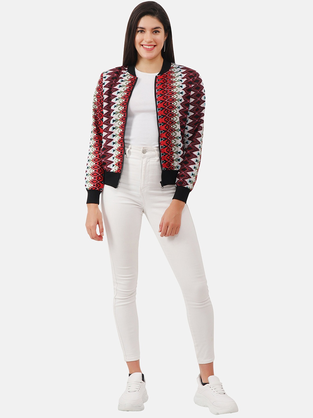 

NUEVOSDAMAS Women Beige Red Printed Bomber Jacket