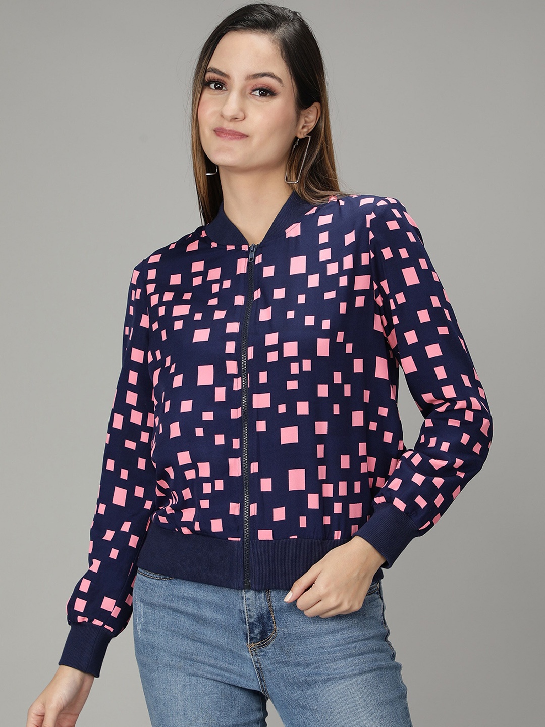 

NUEVOSDAMAS Women Blue Pink Geometric Bomber Jacket