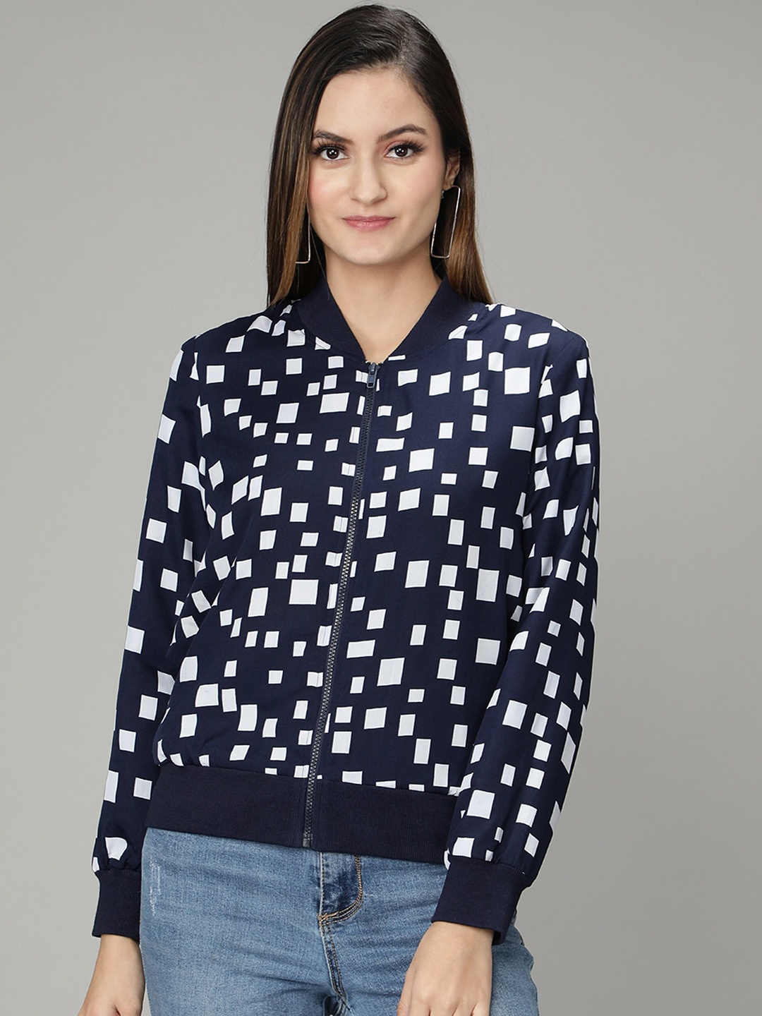 

NUEVOSDAMAS Women Blue White Geometric Bomber Jacket