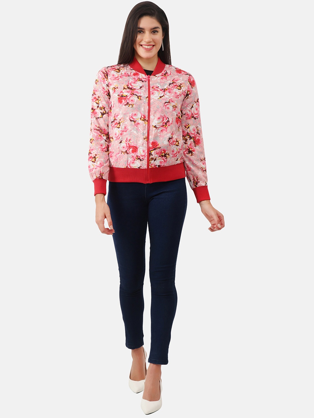 

NUEVOSDAMAS Women Red Beige Floral Crop Bomber Jacket