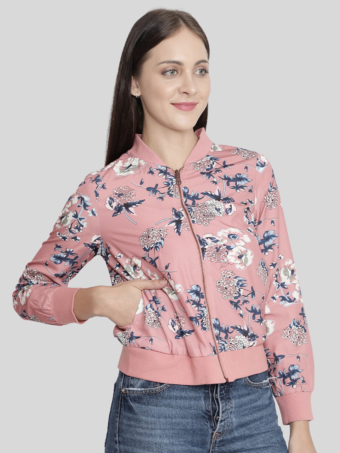 

NUEVOSDAMAS Women Pink & Blue Floral Bomber Jacket