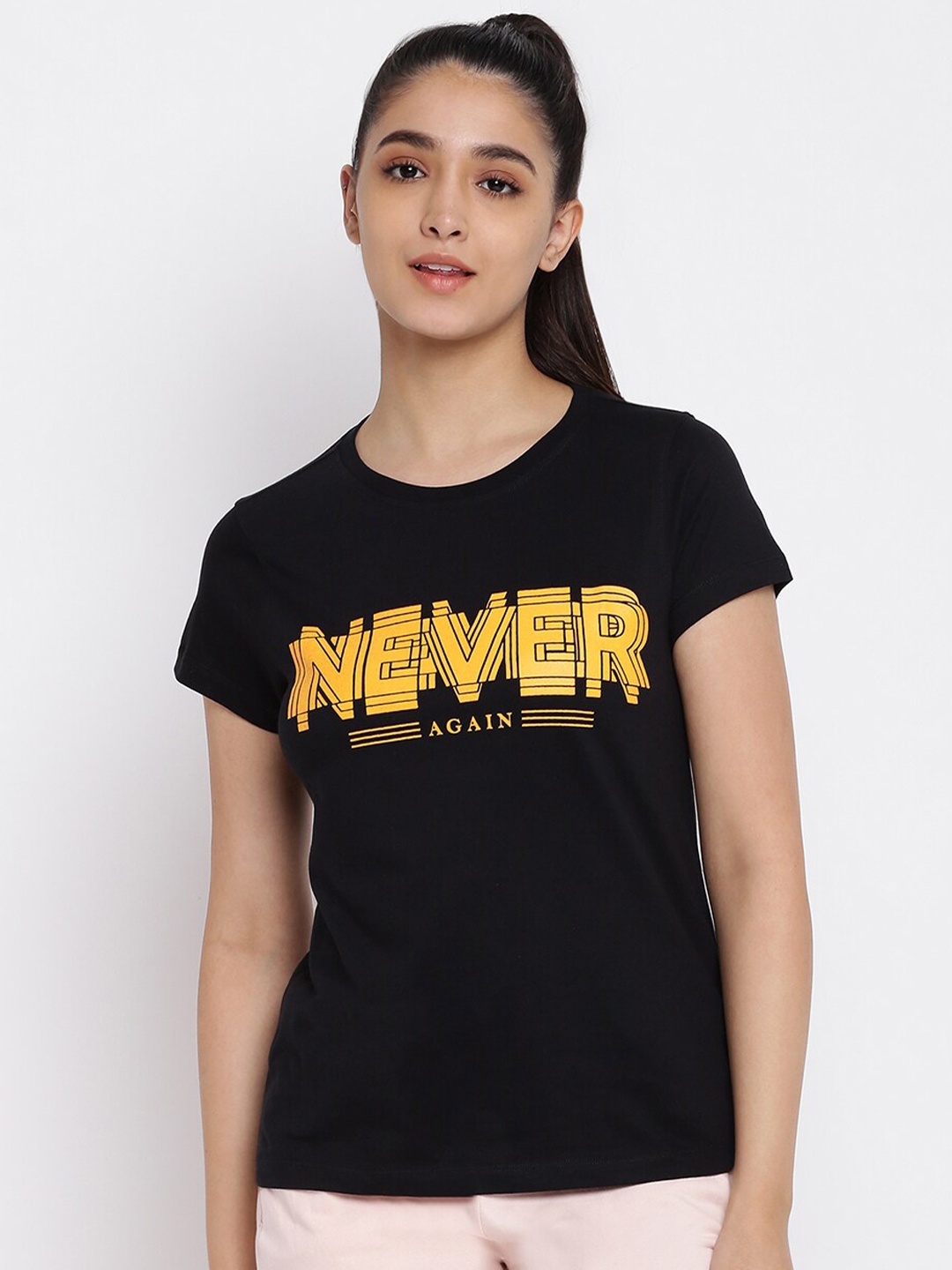 

abof Women Black Typography Printed T-shirt