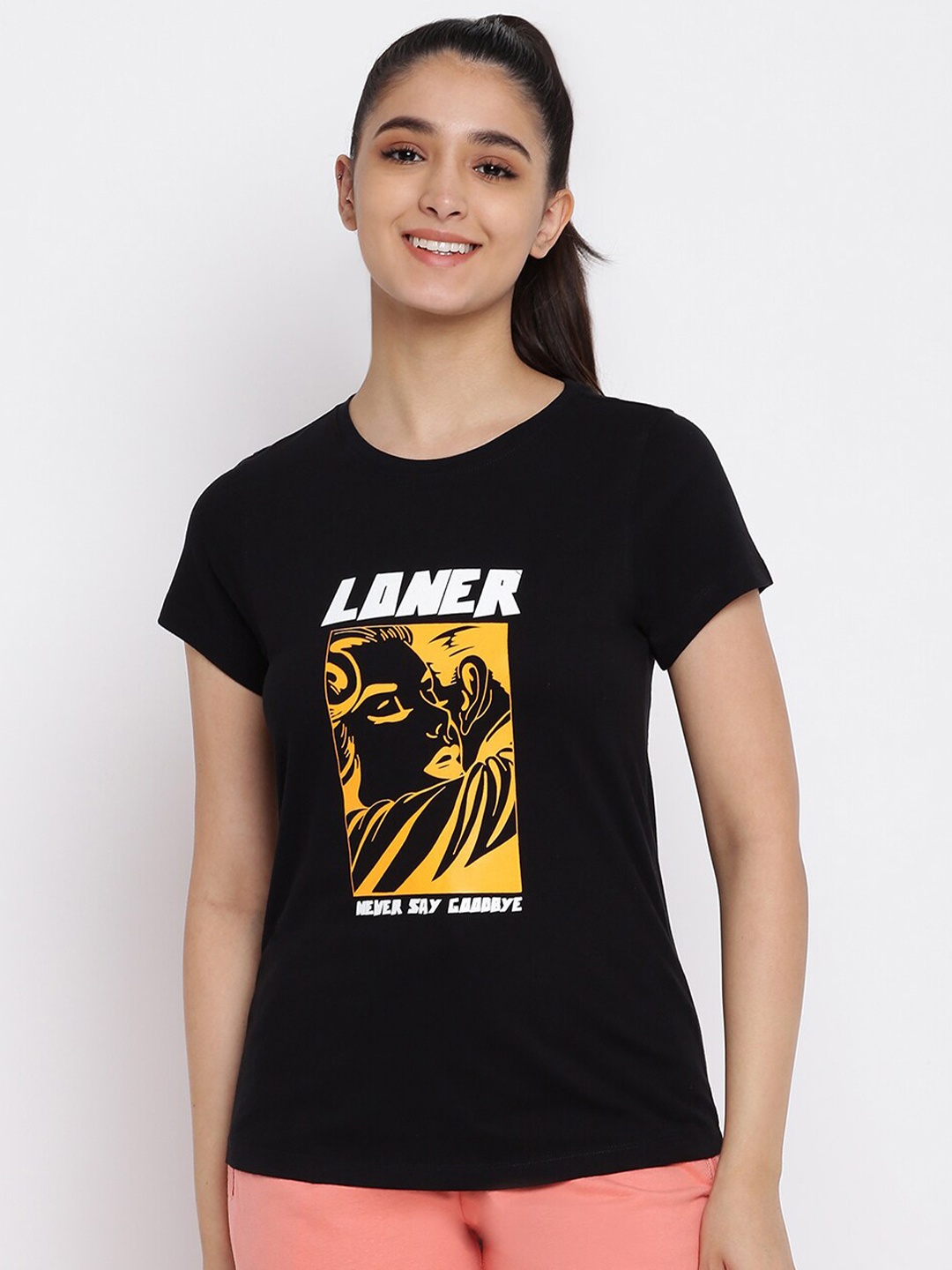 

abof Women Black Printed T-shirt