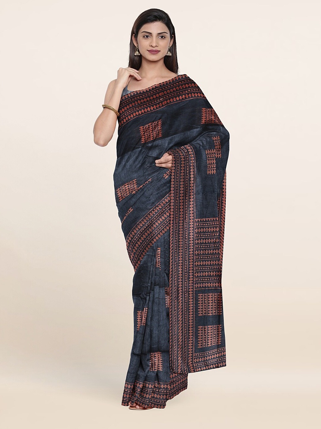 

Pothys Grey & Copper-Toned Ethnic Motifs Printed Cotton Blend Saree