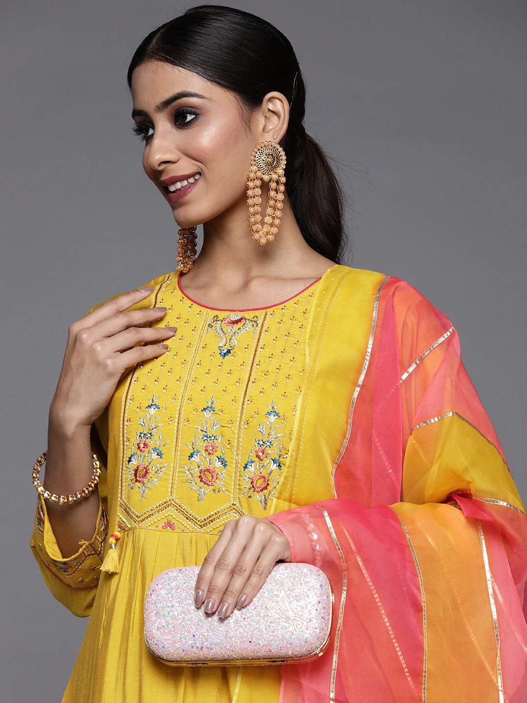 

Varanga Women Yellow Ethnic Motifs Embroidered Beads and Stones Kurta with Trousers & With Dupatta