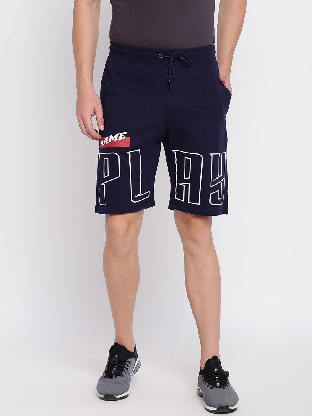 

abof Men Typography Printed Cotton Shorts, Navy blue