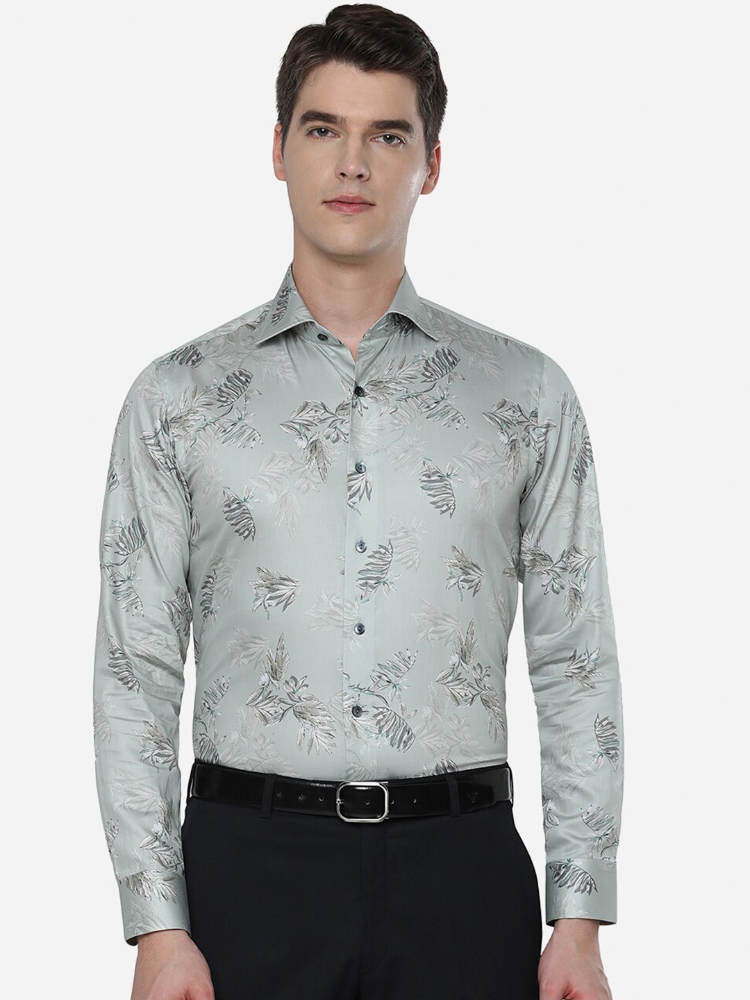 

WYRE Men Green & Grey Floral Printed Slim Fit Cotton Party Shirt