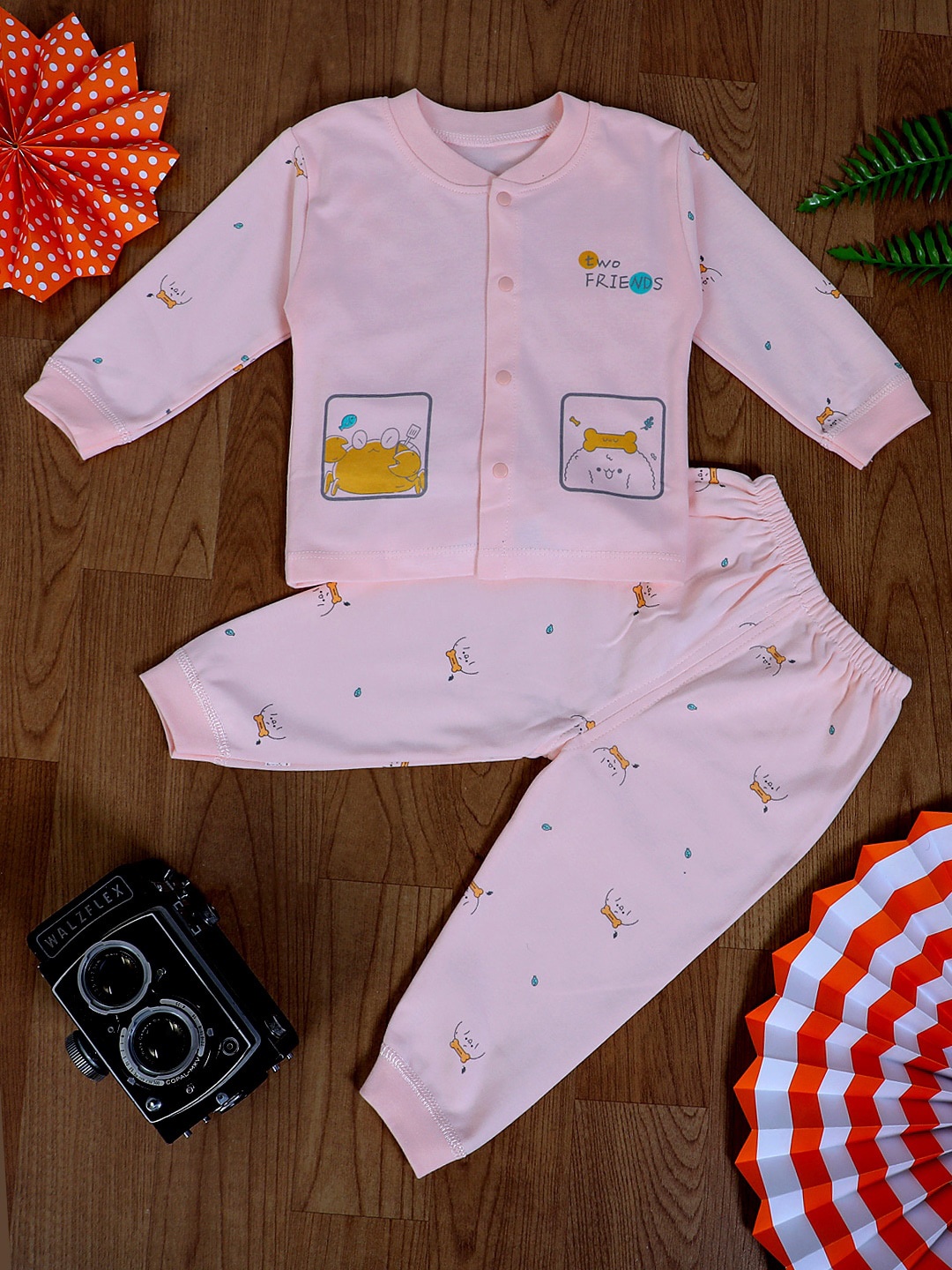 

Baby Moo Unisex Kids Pink & Mustard Yellow Printed Night suit