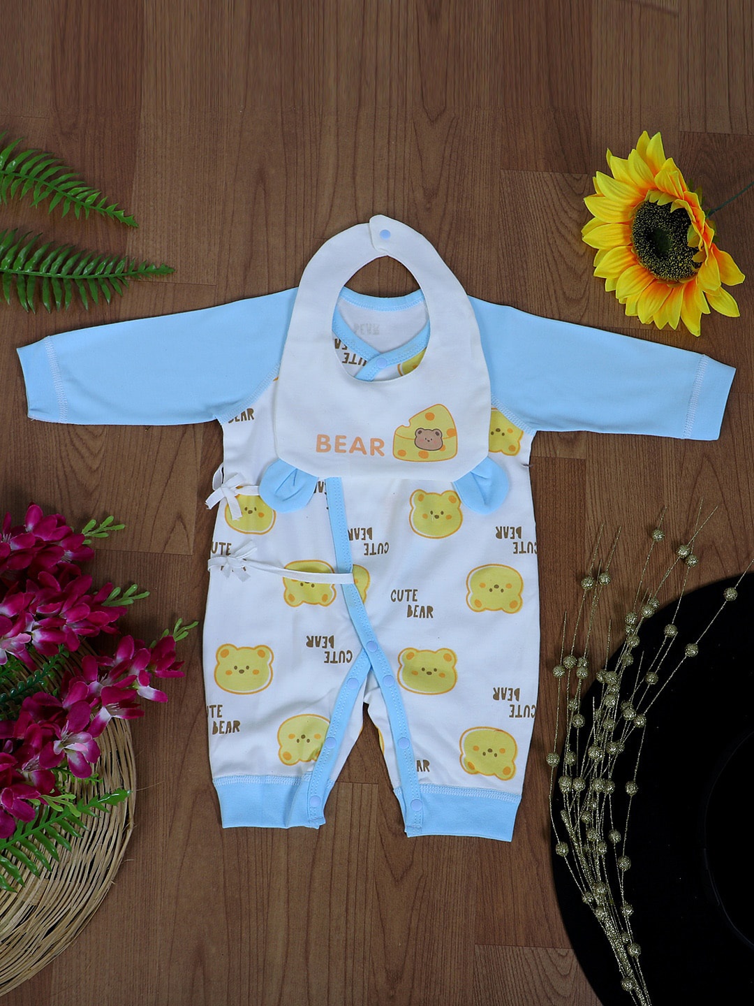 

Baby Moo White & Yellow Conversational Printed Romper And Matching Bib Set