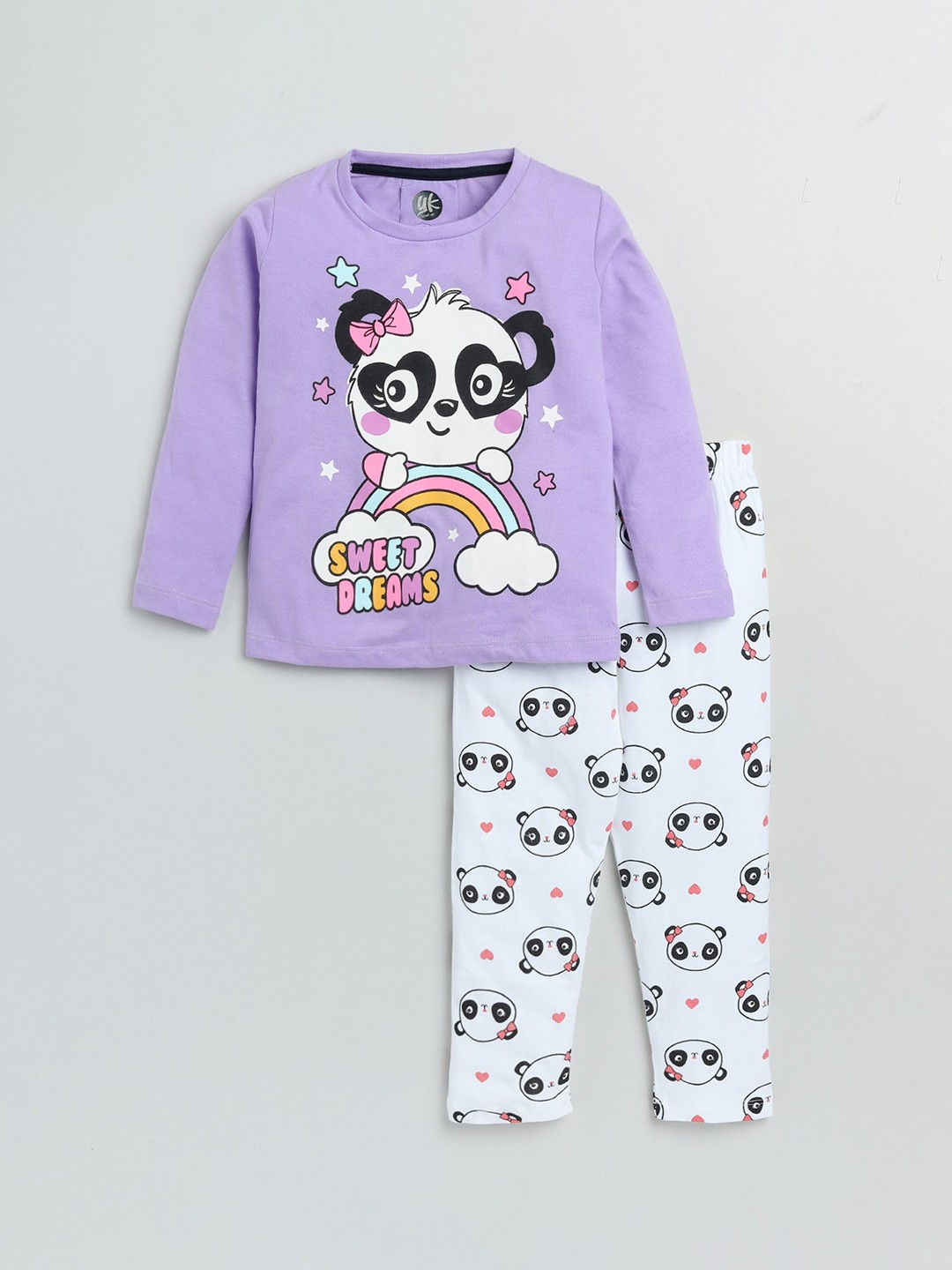 

YK Girls Lavender & White Panda Printed Night Suit