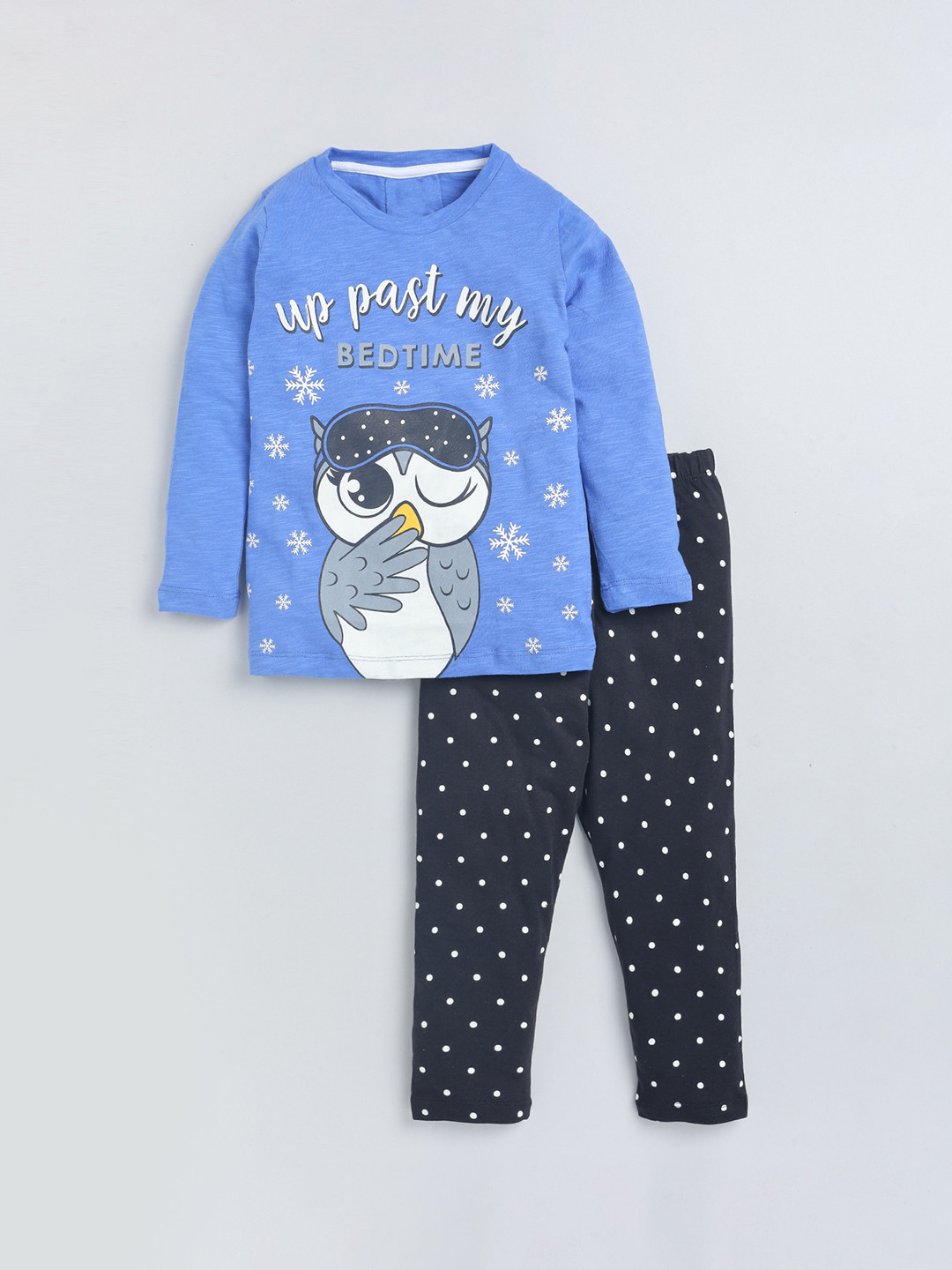 

YK Girls Blue & Off White Polka Dot & Owl Printed Night suit
