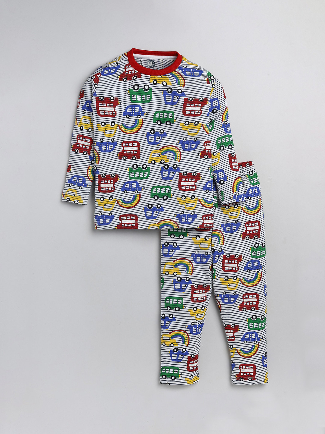 

YK Boys Grey & Red Car Printed Stripe Night Suit
