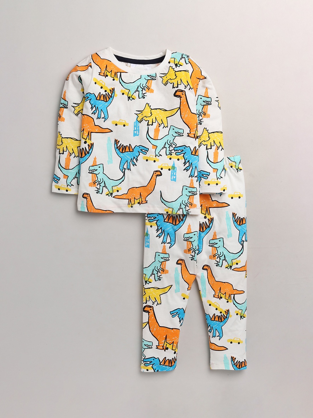 

YK Boys Cream-Coloured & Blue All Over Dinosaurs Printed Night suit
