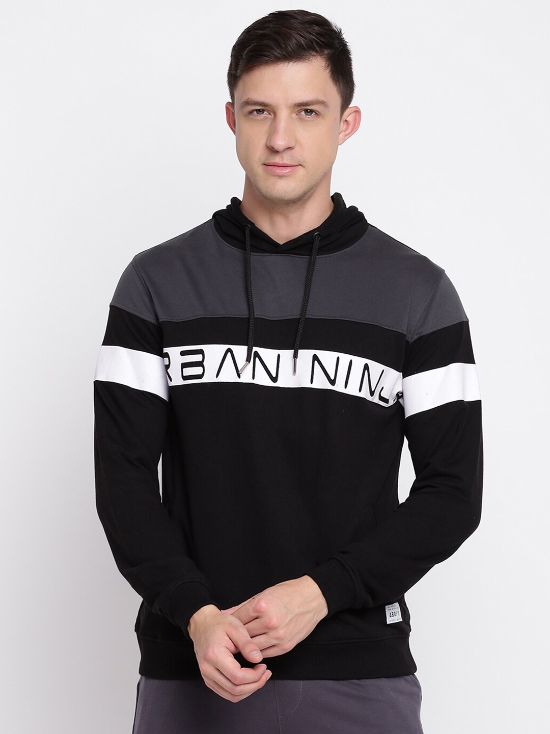 

abof Men Black Printed Hooded Sweatshirt