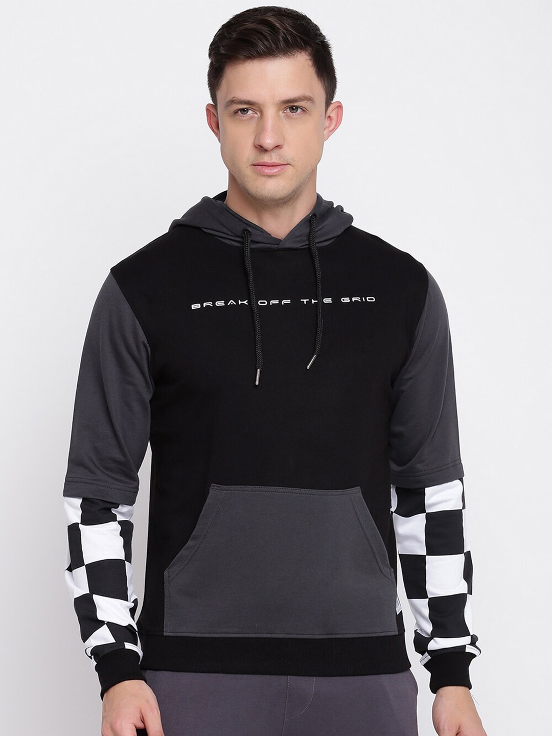 

abof Men Black Colourblocked Hooded Sweatshirt