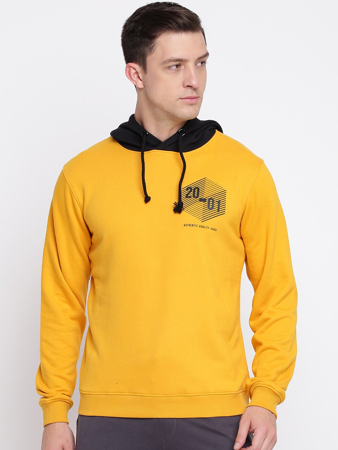 

abof Men Yellow Printed Hooded Sweatshirt