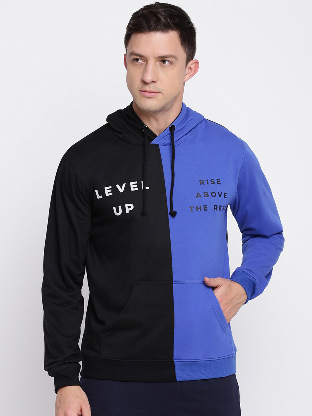 

abof Men Black Colourblocked Hooded Sweatshirt