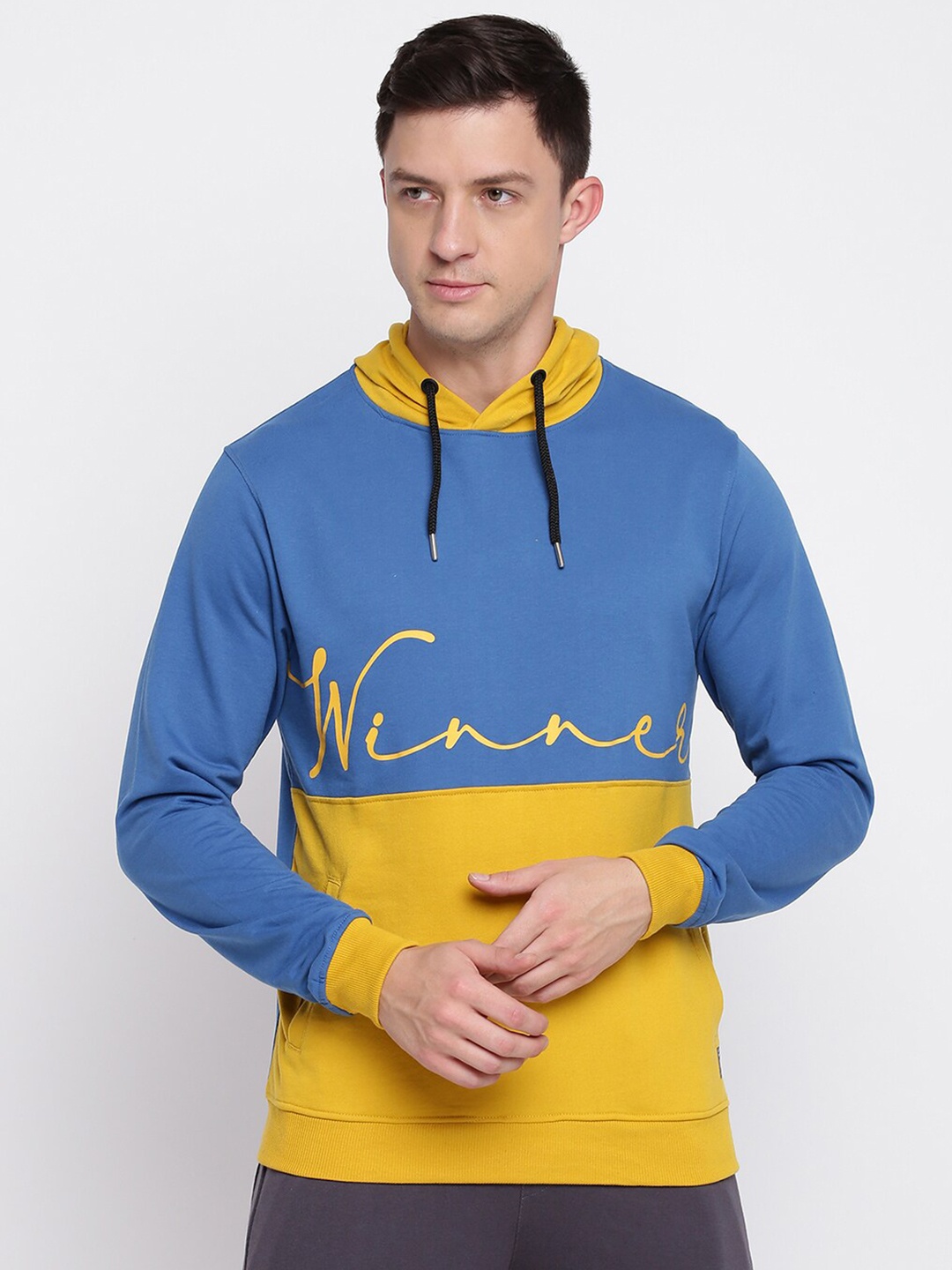 

abof Men Blue Colourblocked Hooded Sweatshirt