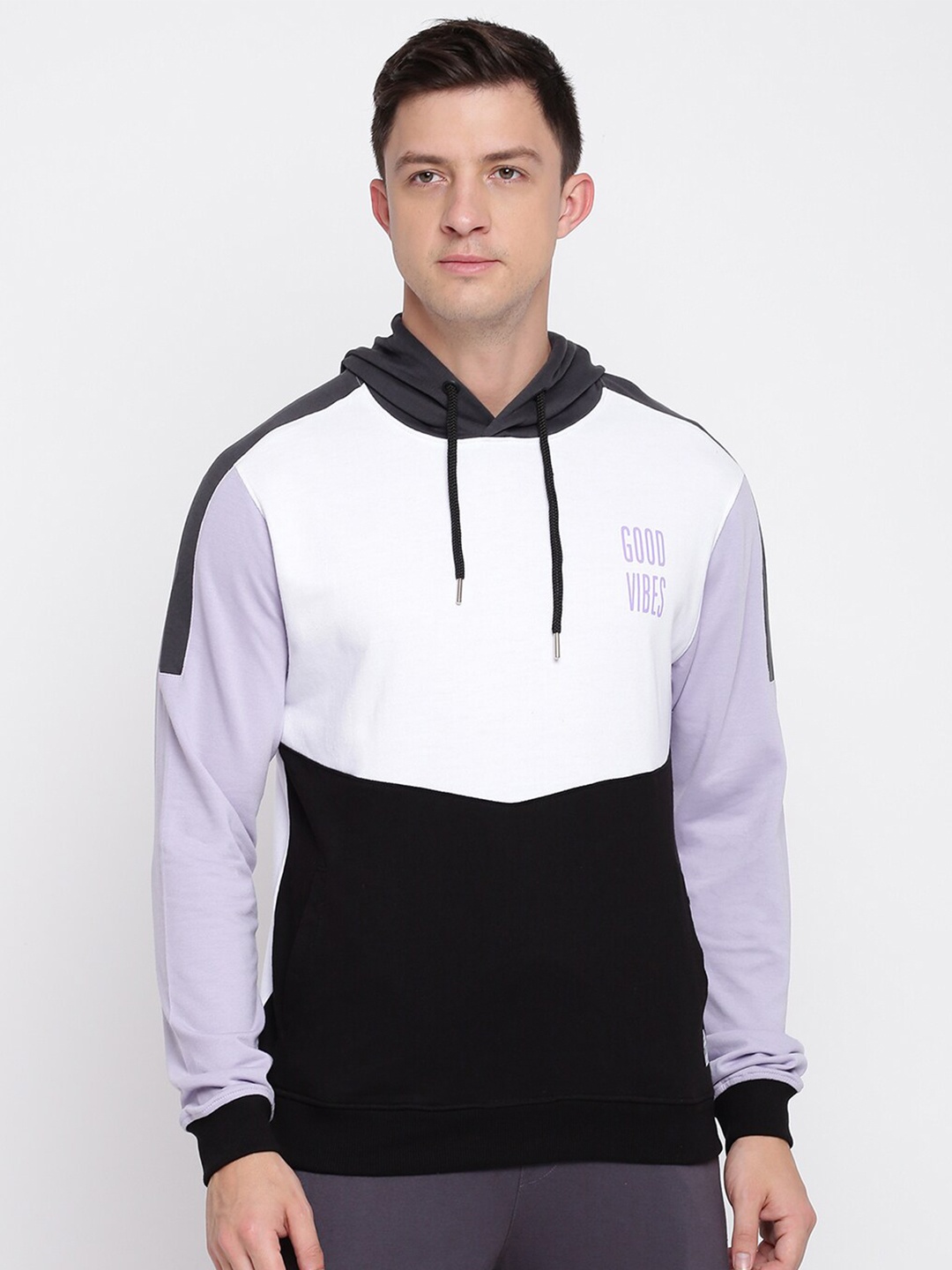 

abof Men Purple Colourblocked Hooded Sweatshirt