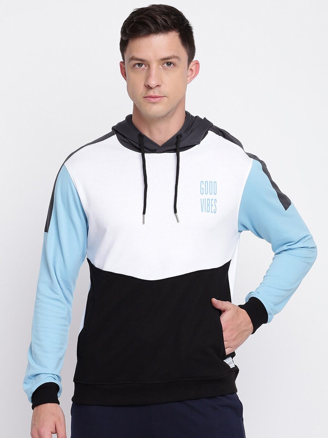 

abof Men Blue Colourblocked Hooded Sweatshirt