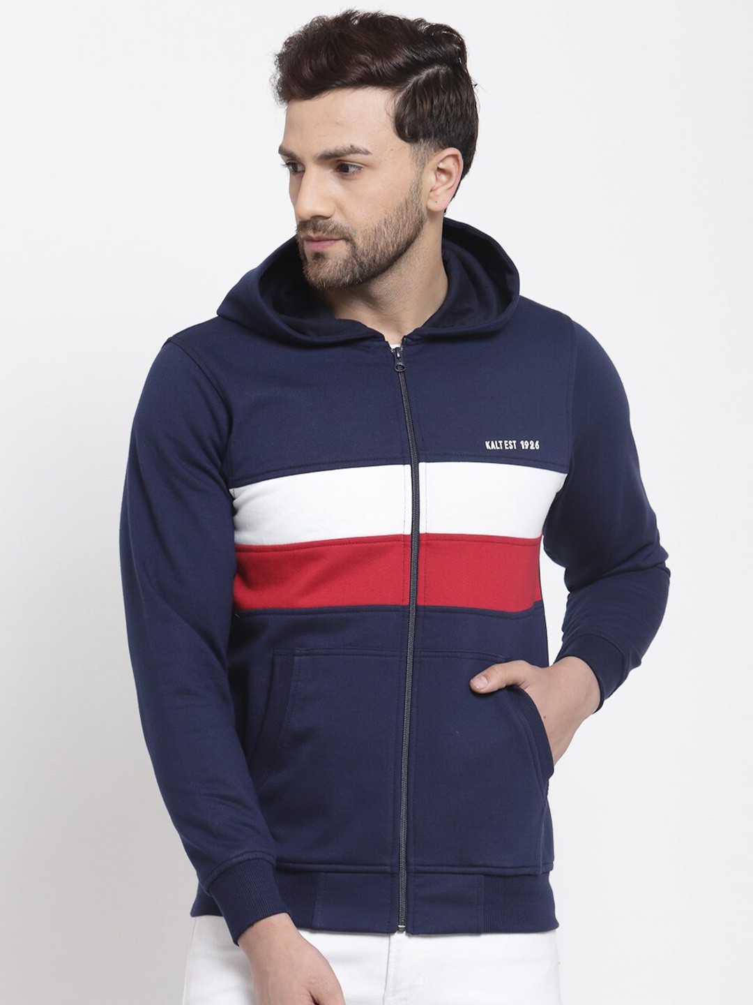 

Kalt Men Navy Blue Striped Hooded Fleece Sweatshirt