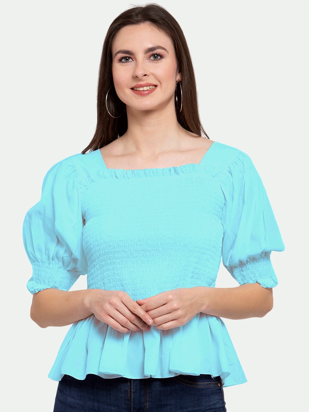 

PATRORNA Blue Peplum Smocked Top