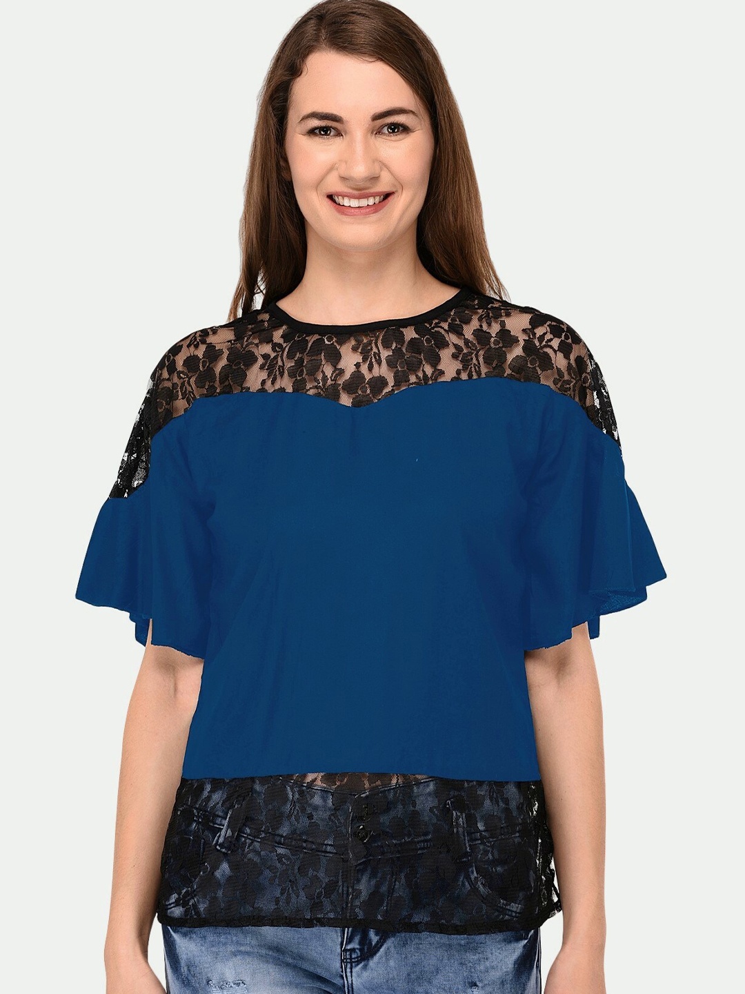 

PATRORNA Women Blue & Black Lace-Detail Top