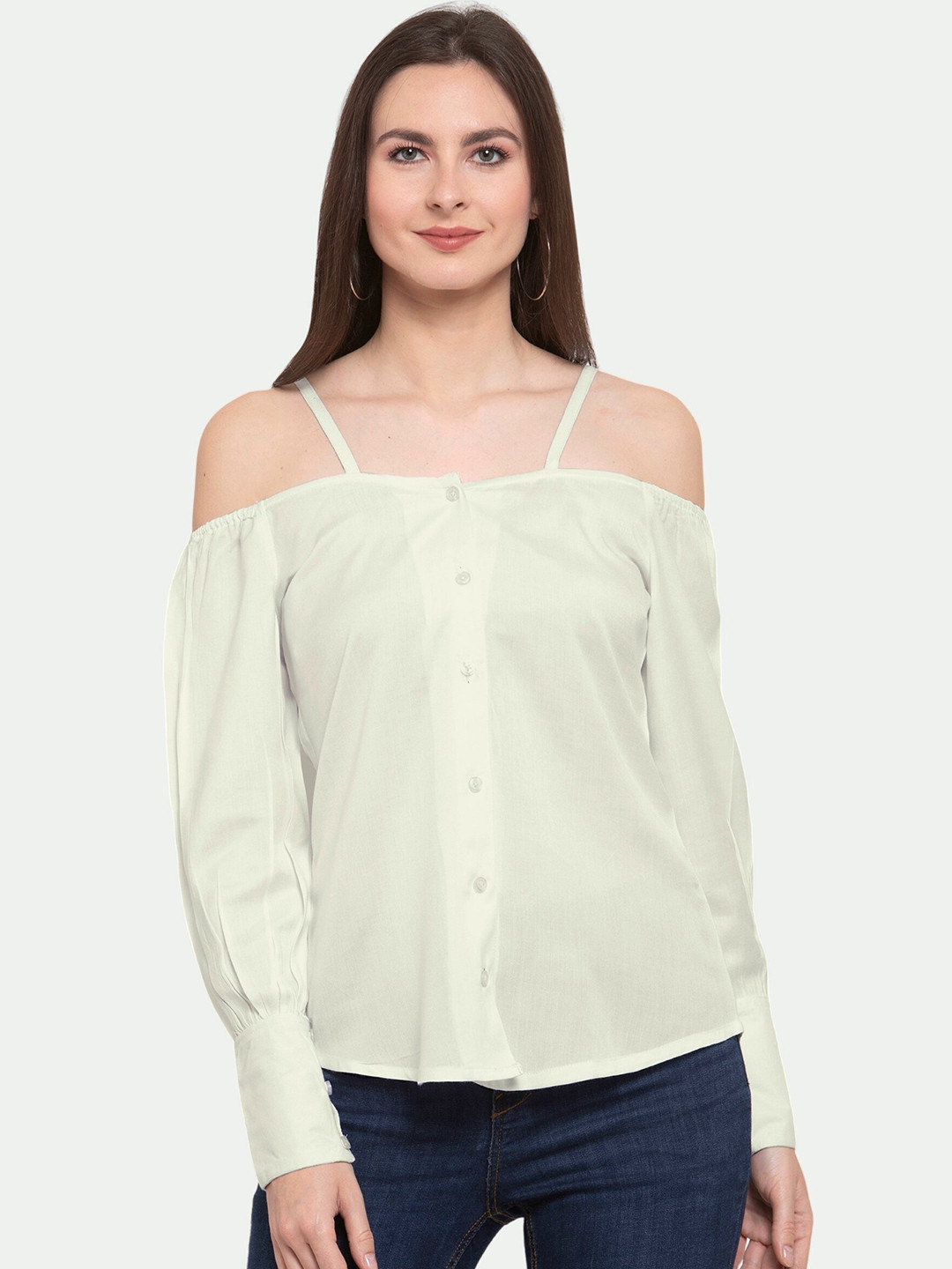 

PATRORNA Women Off White Off-Shoulder Shirt Style Top