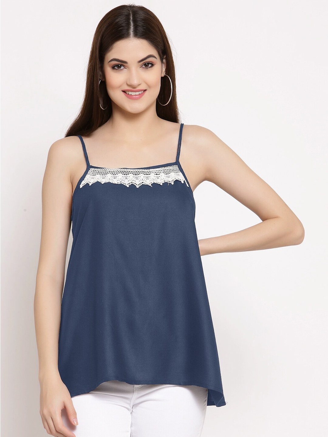 

PATRORNA Women Blue & White Solid Shoulder Straps A-line Top