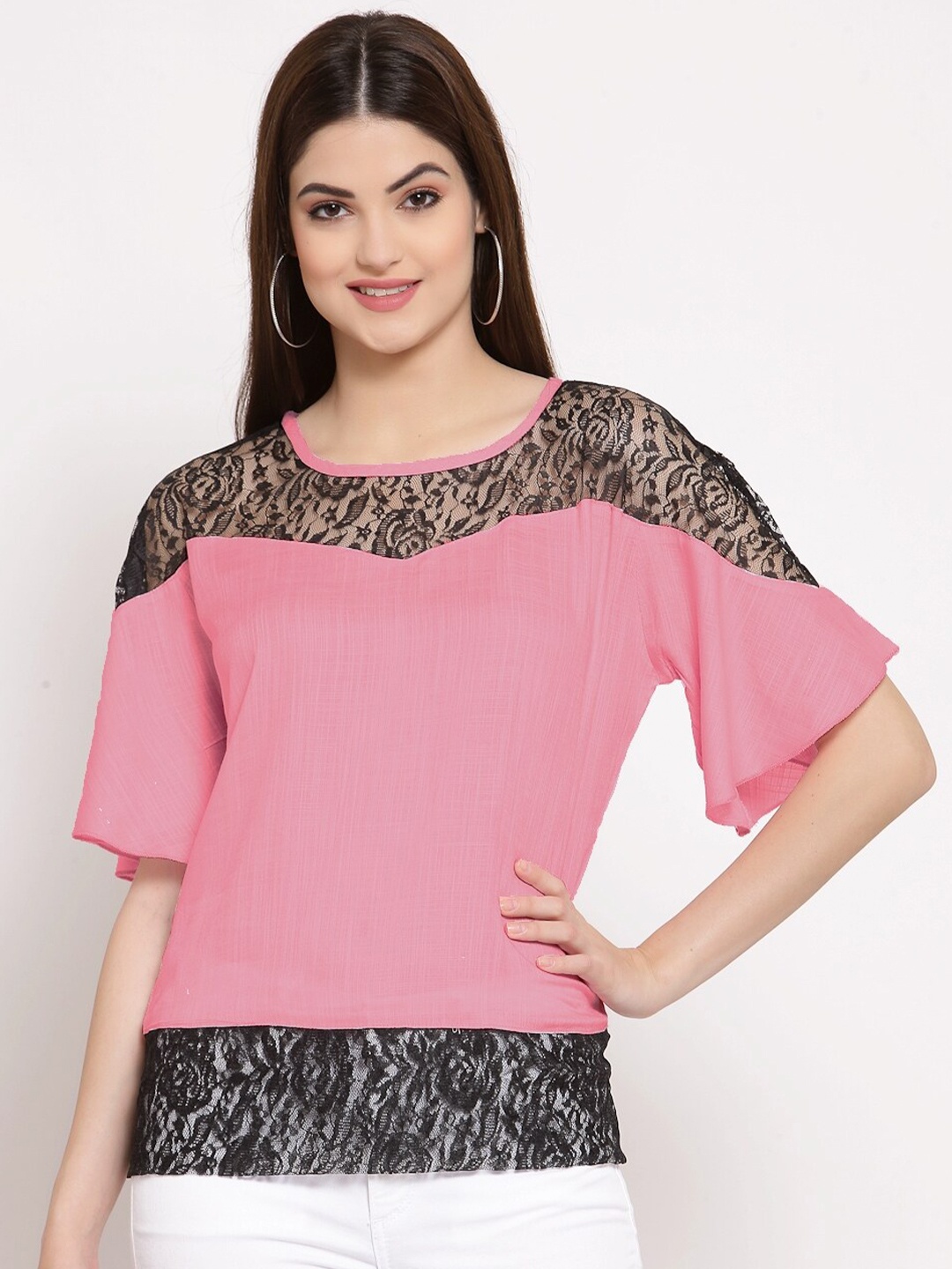 

PATRORNA Women Pink & Black Solid Round Neck Lace Work Flared Sleeves Top
