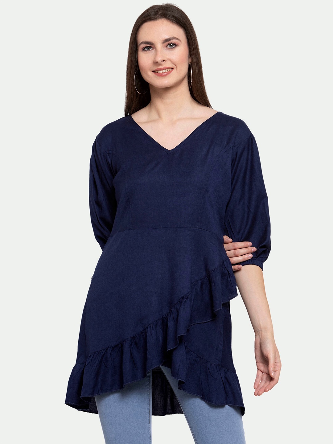 

PATRORNA Blue Ruffles Longline Top