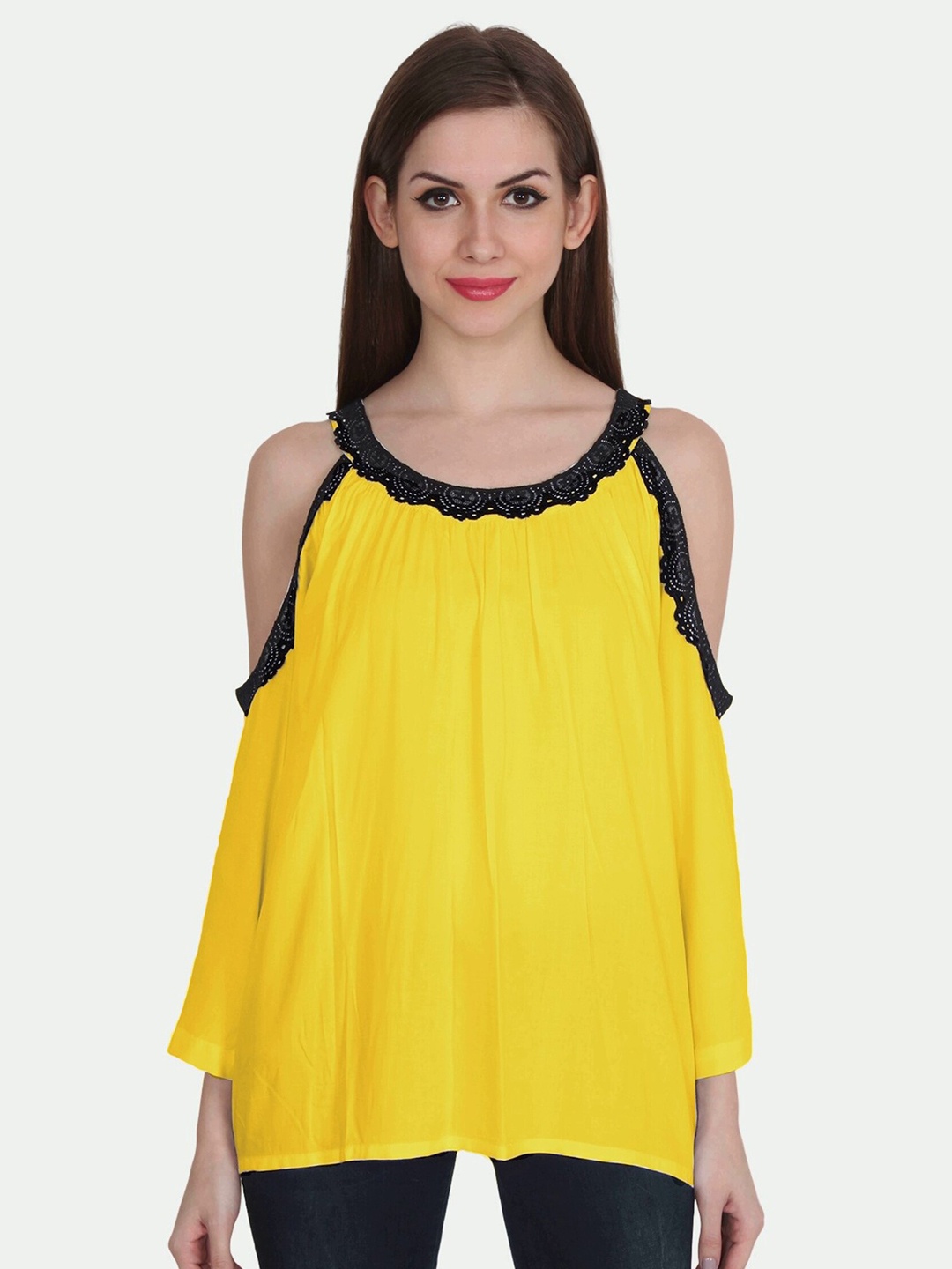 

PATRORNA Women Yellow & Black Round Neck Cold-Shoulder Sleeves Top