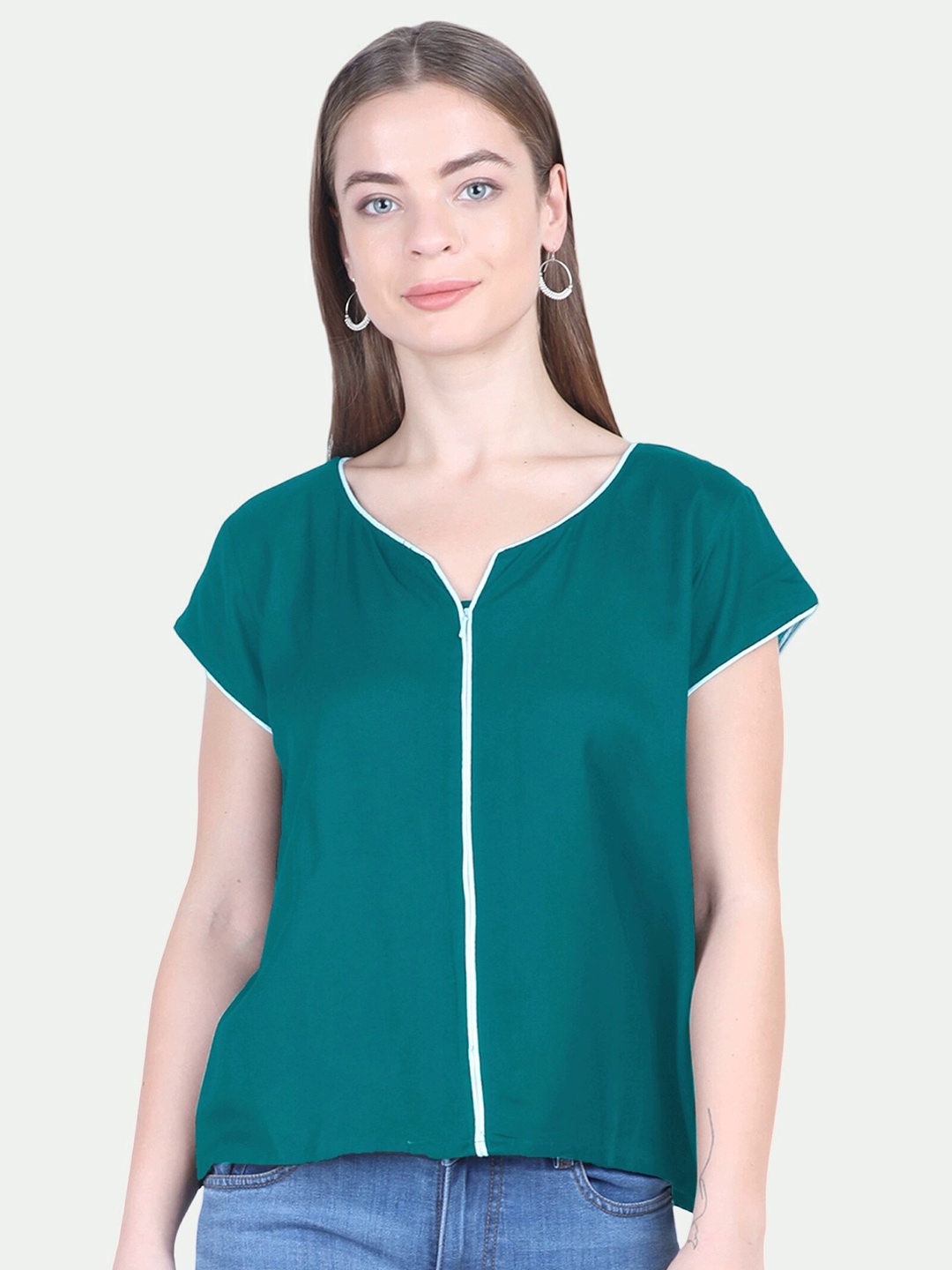 

PATRORNA Women Green Keyhole Neck Regular Sleeves Top