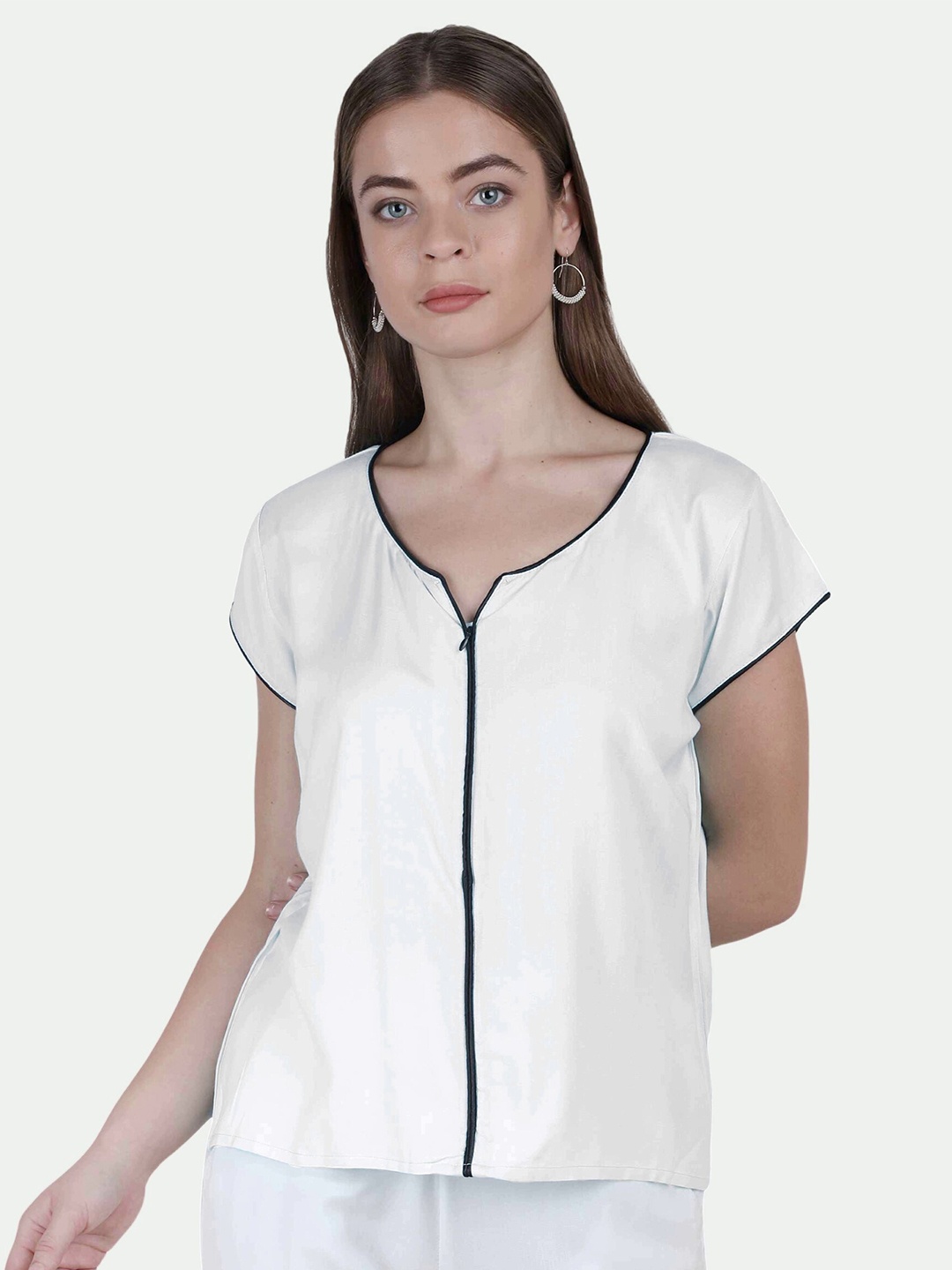 

PATRORNA Women White & Black Round Neck Cotton Blend Top