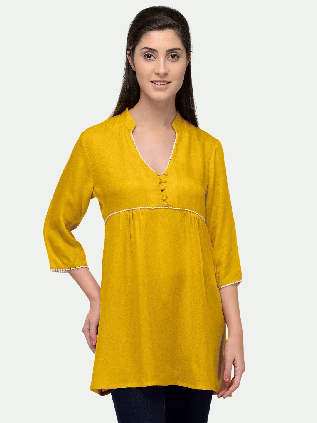 

PATRORNA Mustard Yellow Mandarin Collar Top
