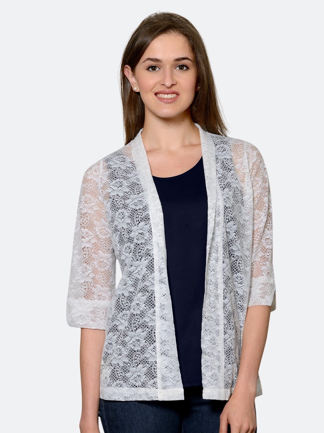 

PATRORNA White & Navy Blue Top with Shrug