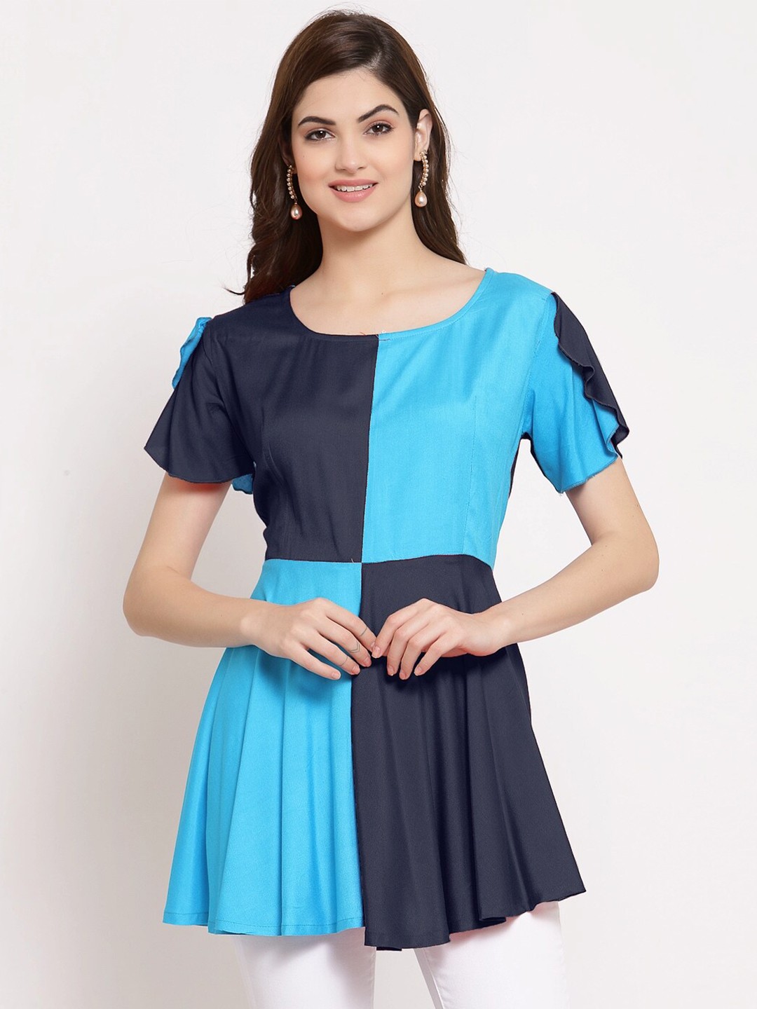 

PATRORNA Blue & Navy Blue Colourblocked Peplum Top
