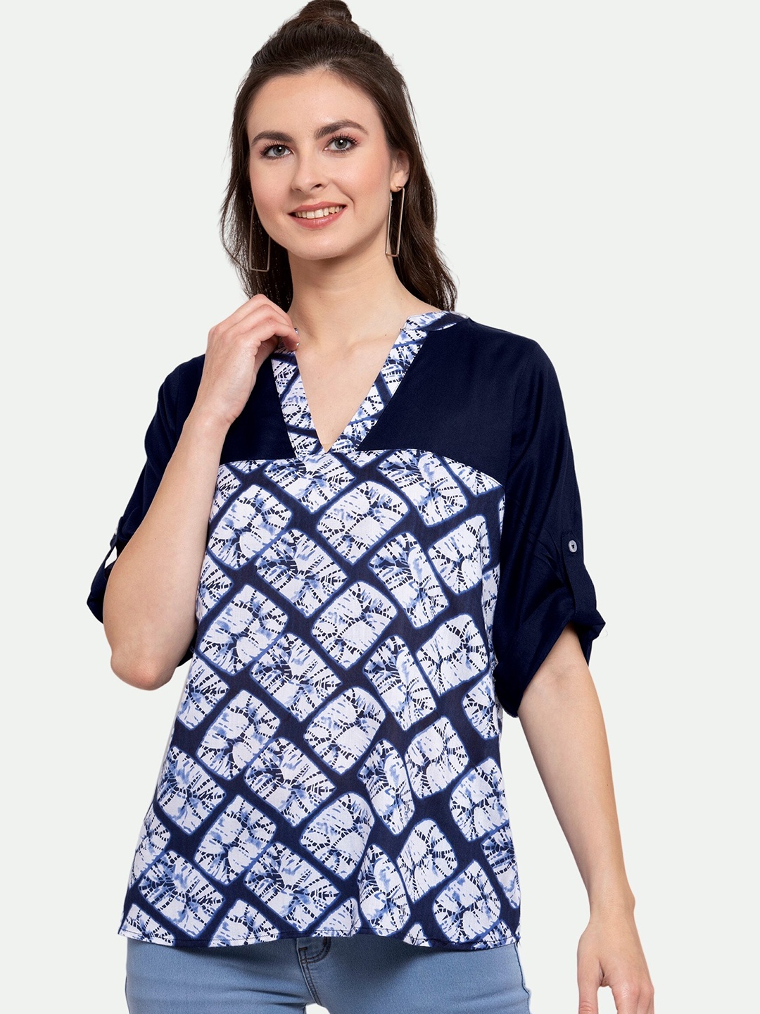 

PATRORNA Navy Blue & White Tie and Dye Printed Mandarin Collar Roll-Up Sleeves Top