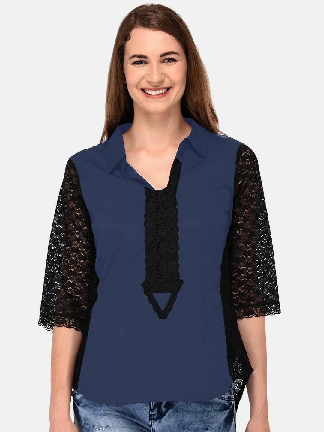 

PATRORNA Women Charcoal Grey & Black High-Low Shirt Style Top