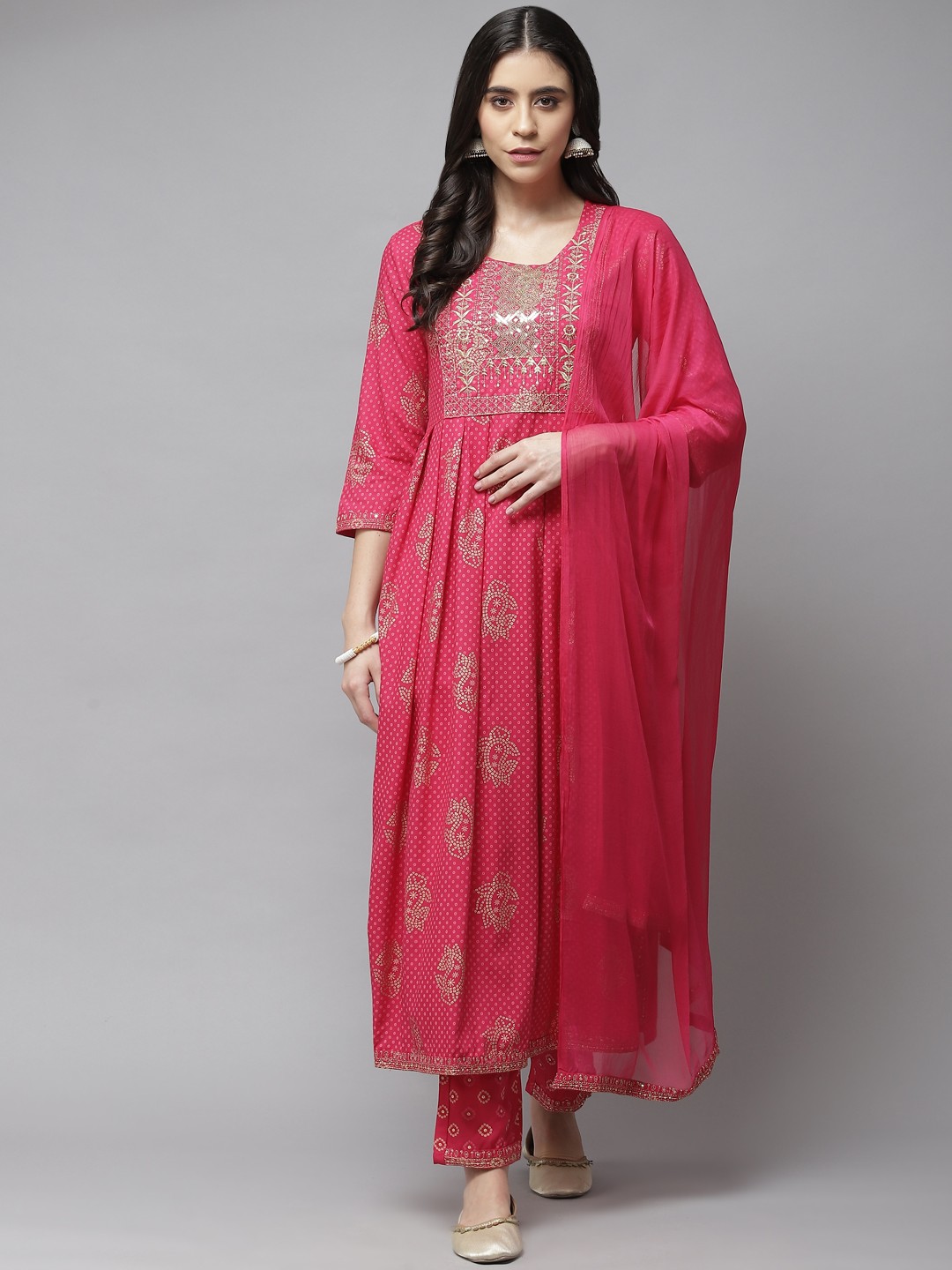 

Yufta Women Pink Bandhani Print Pure Cotton Kurta with Trousers & Dupatta