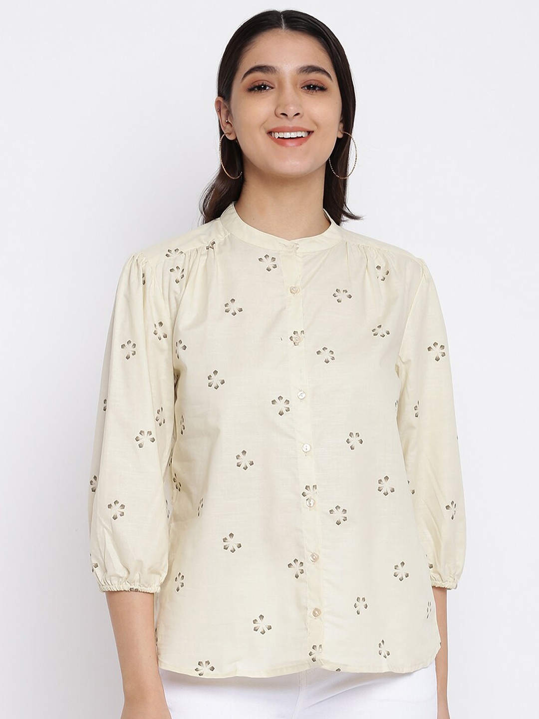 

abof Beige Floral Print Mandarin Collar Top