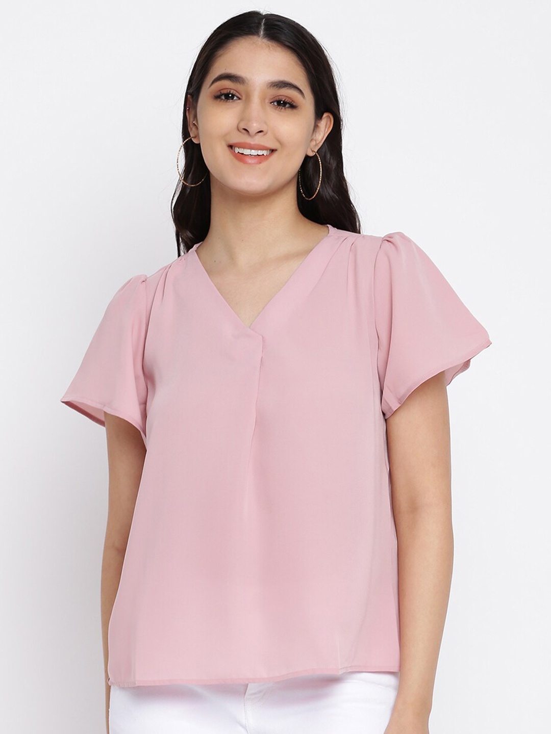 

abof Women Pink Solid Cotton Blend V-Neck Regular Top