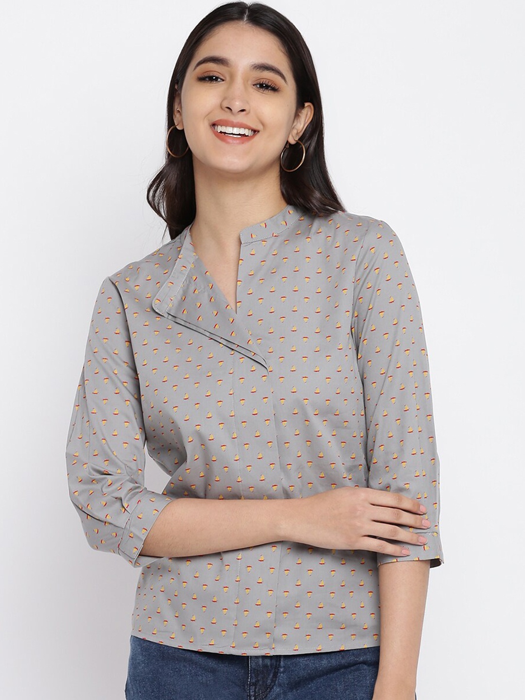 

abof Grey Floral Print Mandarin Collar Top