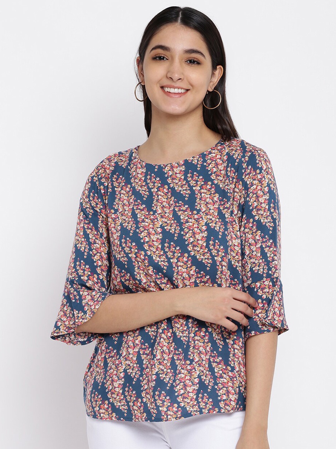 

abof Teal & Pink Floral Print Round Neck Top