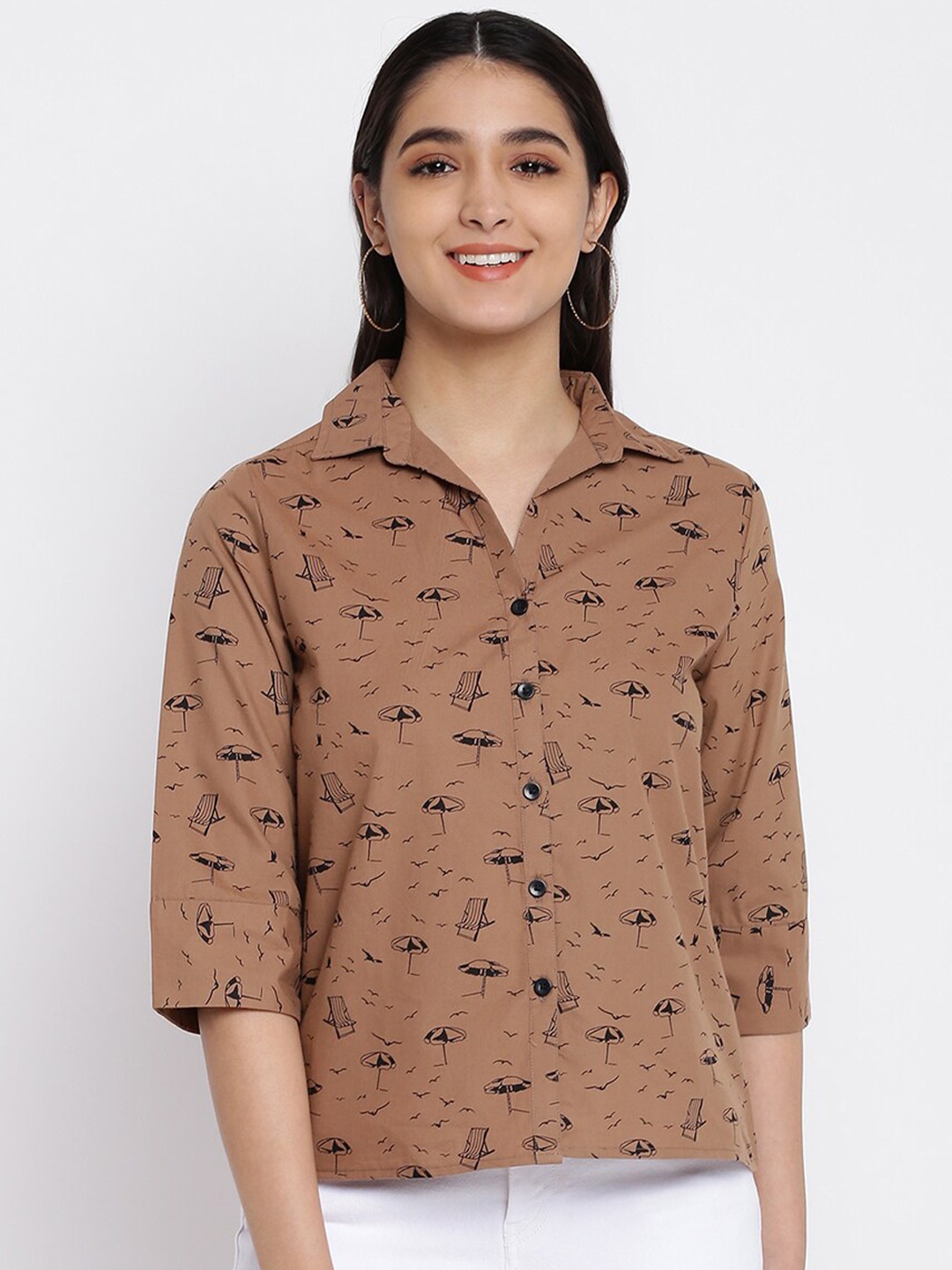 

abof Brown Print Shirt Style Top